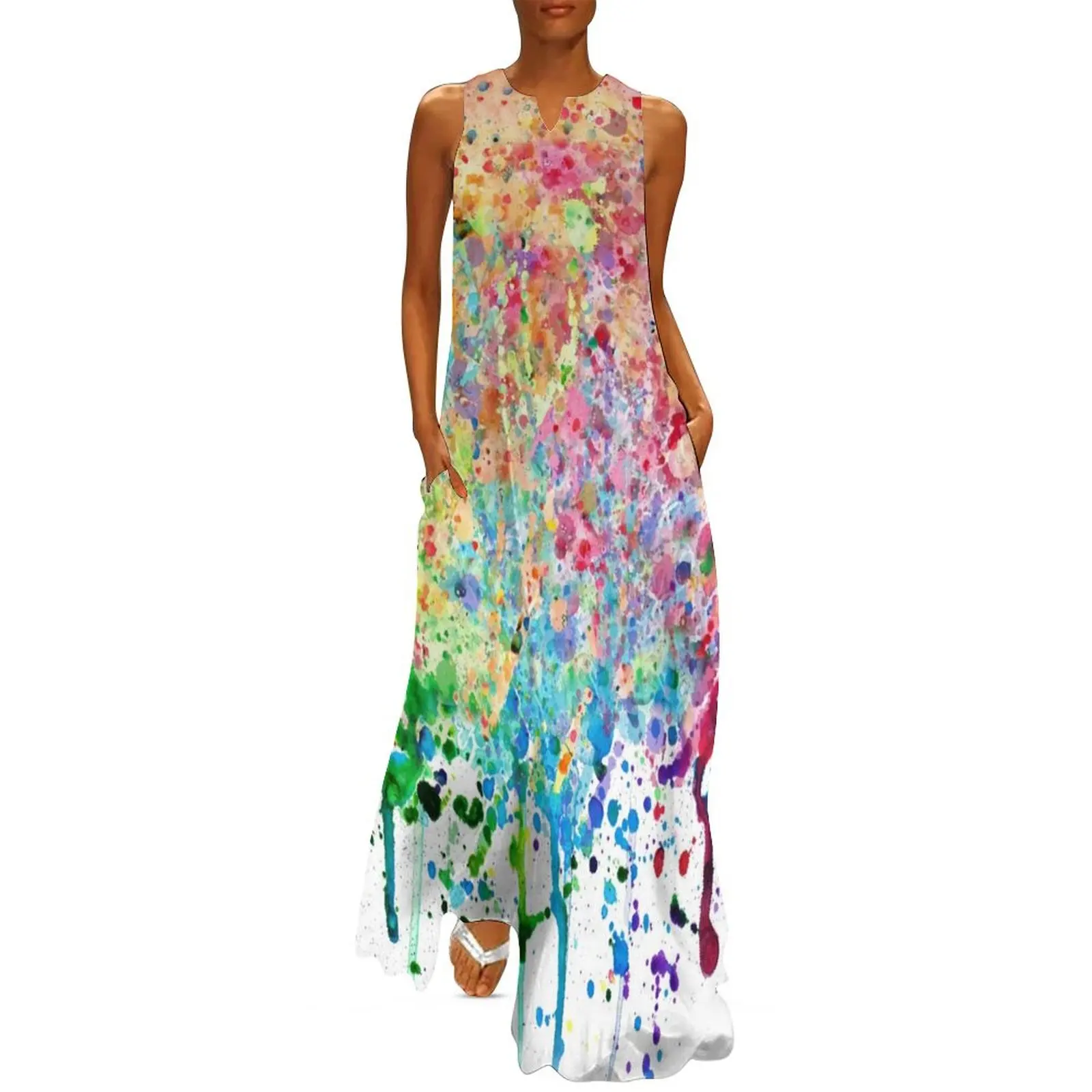 Vestido largo de fiesta con salpicaduras de pintura de arcoíris, vestido elegante para mujer, vestidos de verano para mujer 2025