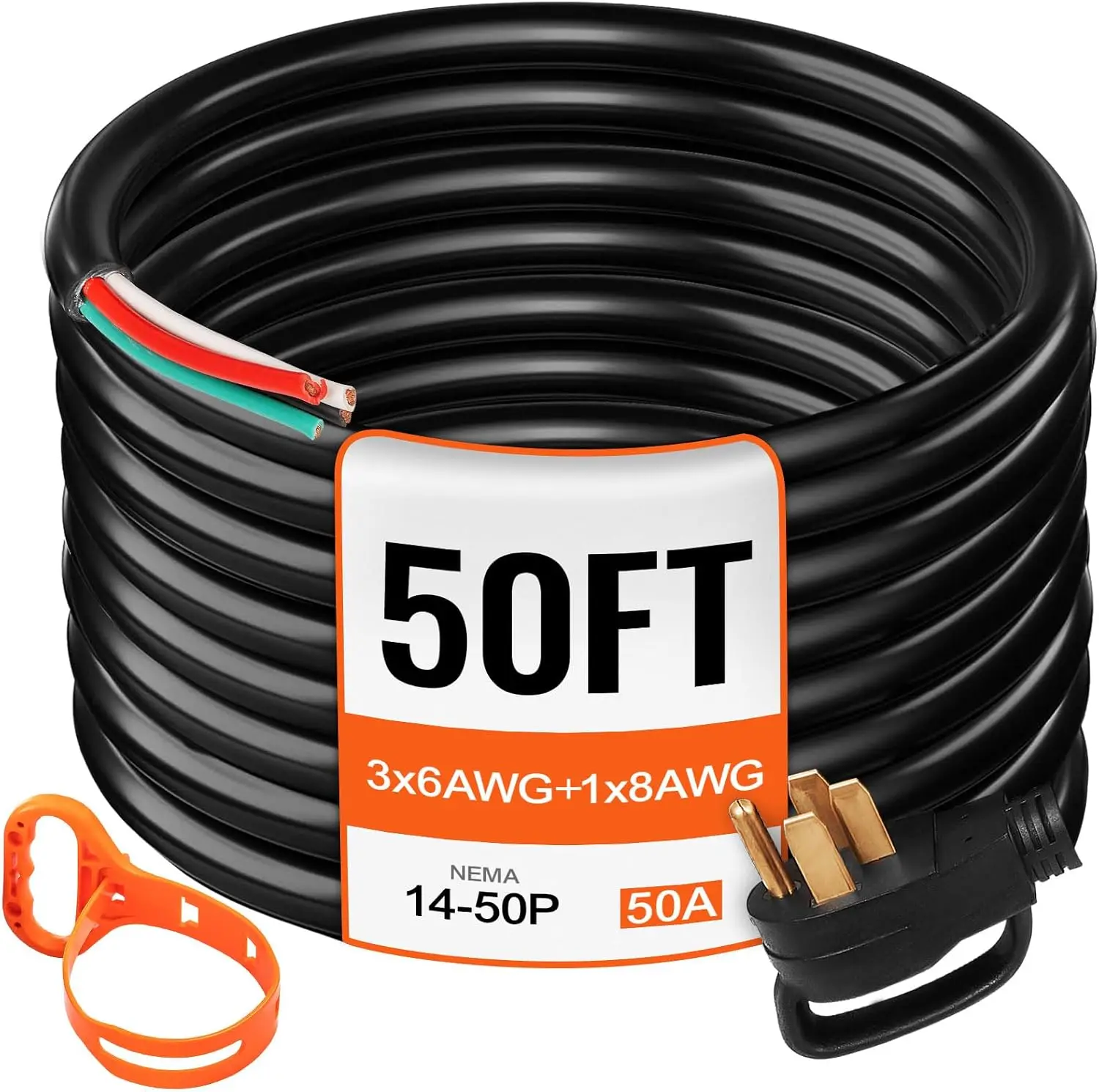 50FT 50Amp Generator Extension Cord 6 Gauge STW 6/3+8/1 RV Power Cord NEMA 14-50P to Bare Wire, Cut Wire for Trailer Motor Campe