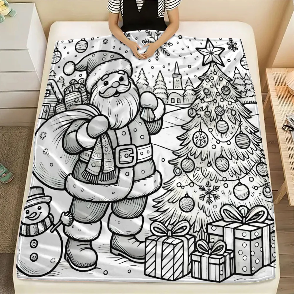 Christmas Santa DIY Coloring Printed Flannel Blanket Warm Soft Cozy Throw Blanket Couch Bed Living Room Decor
