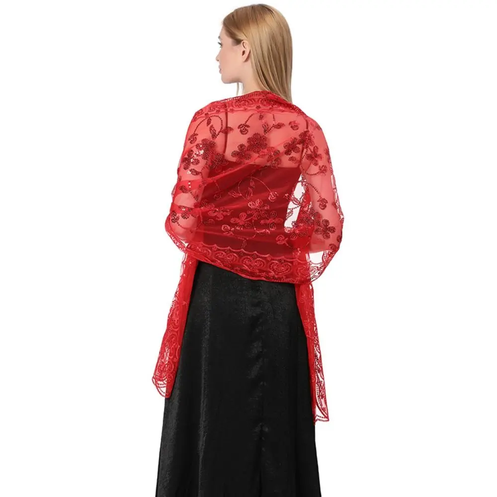 

Модные прозрачные шали с вышивкой и блестками, ажурный тюлевой шарф для танца живота, аксессуары для танцев, разноцветная накидка с кисточками для девочек