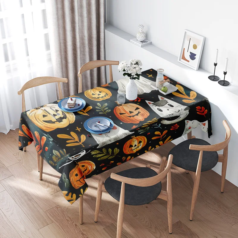 Halloween-themed Tablecloth with Pumpkin Print for Use in Dining Rooms or Parties During Autumn Celebrations!