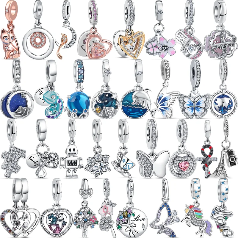 

925 серебро, розовое золото, блестящий Кот, розовый цветок, мама, друг, пазл, любовь, сердце, кулон, бисер, Подходит для Pandora, шармы, браслет, DIY ювелирные изделия