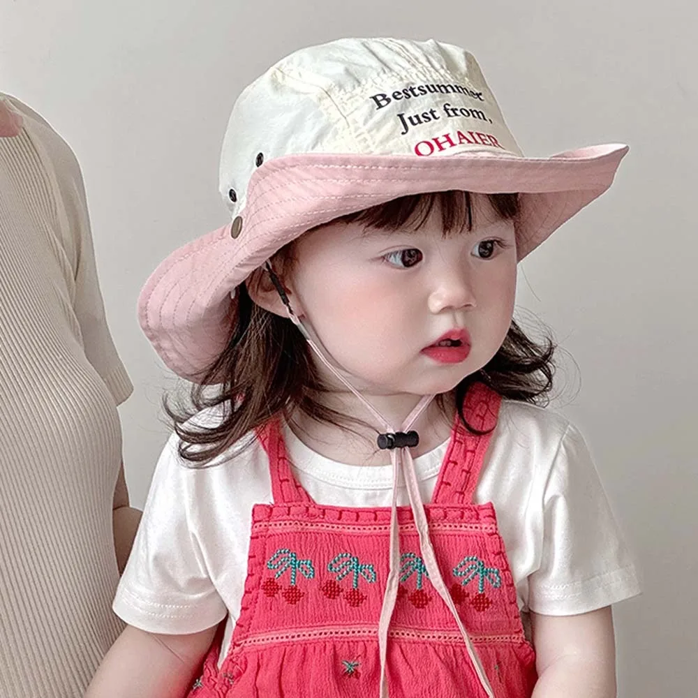 

Korean Style Candy Color Bucket Cap Breathable Thin Summer Kid Sun Hat Letter Embroidery Windproof Rope Quick-dry Fisherman Hat