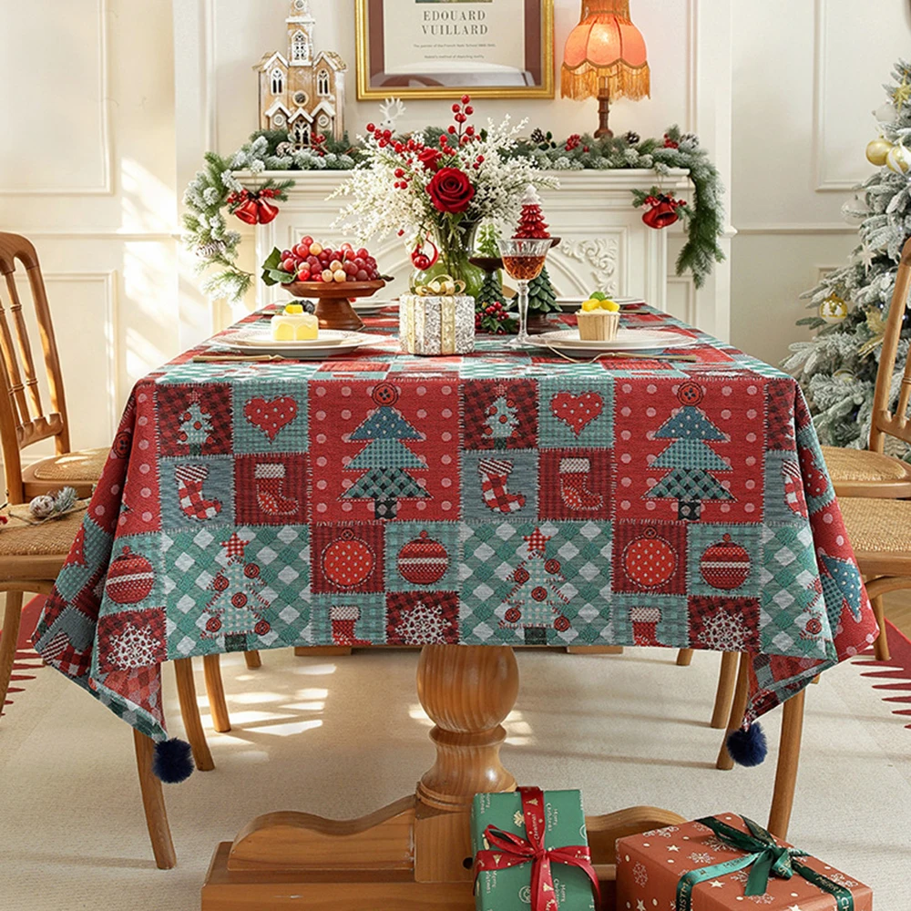 Christmas Holiday Party Tablecloth Retro Spliced Pattern Rectangle Tablecloth Imitation Cotton and Linen Fabric Table Cloths