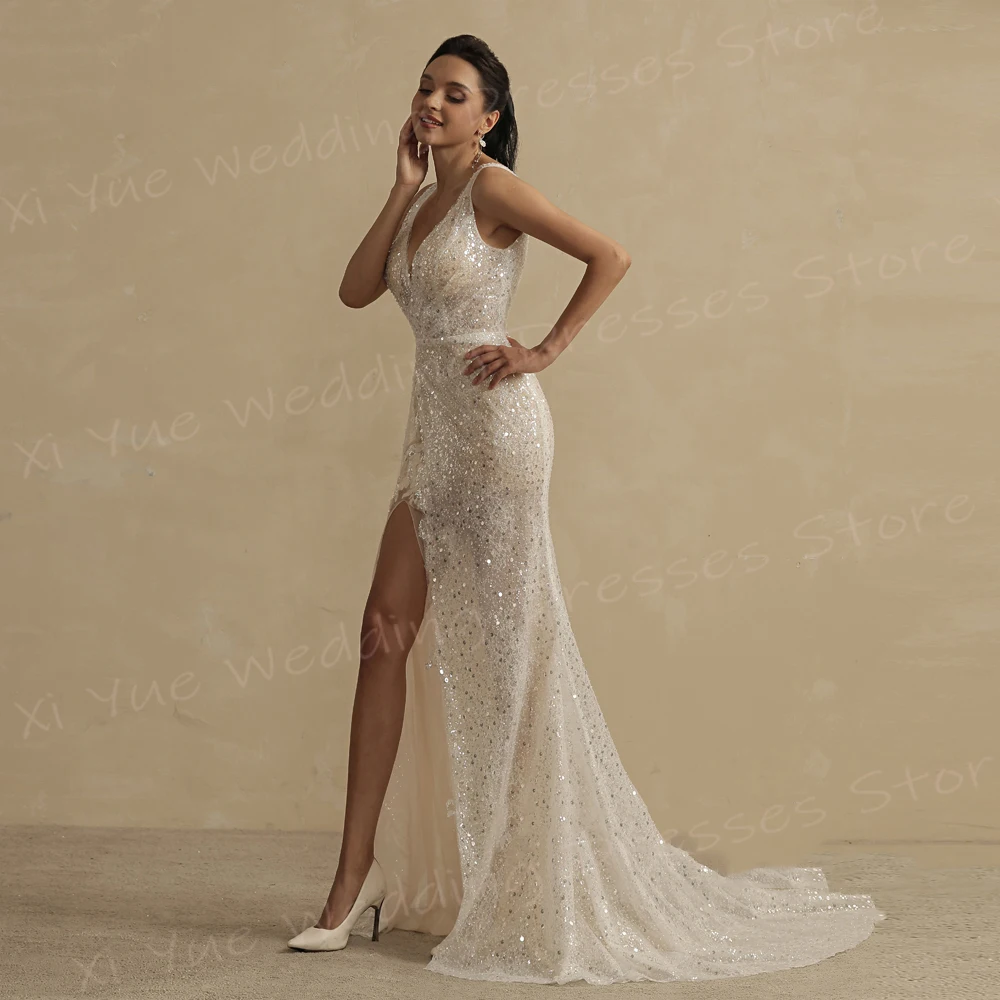 Vestidos de Noiva Sereia Brilhante, Vestidos de Noiva com Decote V Profundo, Sem Encosto Sem Mangas, Divisão Lateral, Elegante, Sexy, Novo