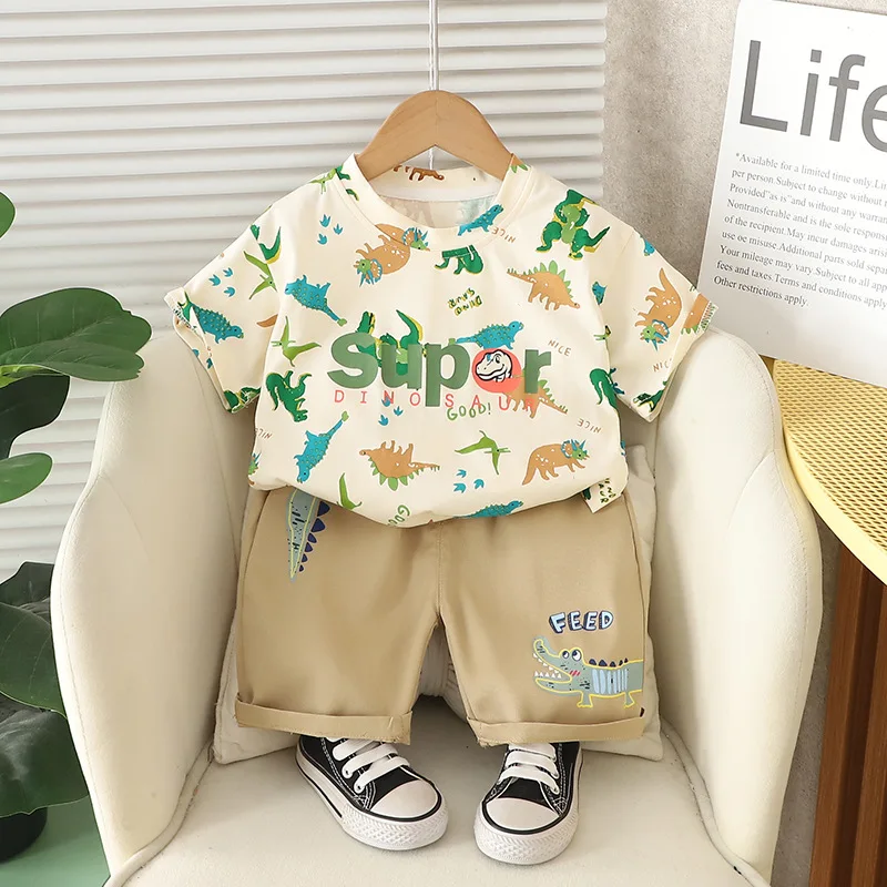 New Summer Set for Boys and Girls Trendy and Trendy Baby Dinosaur Round Neck Short Sleeved Shorts Two-Piece Set