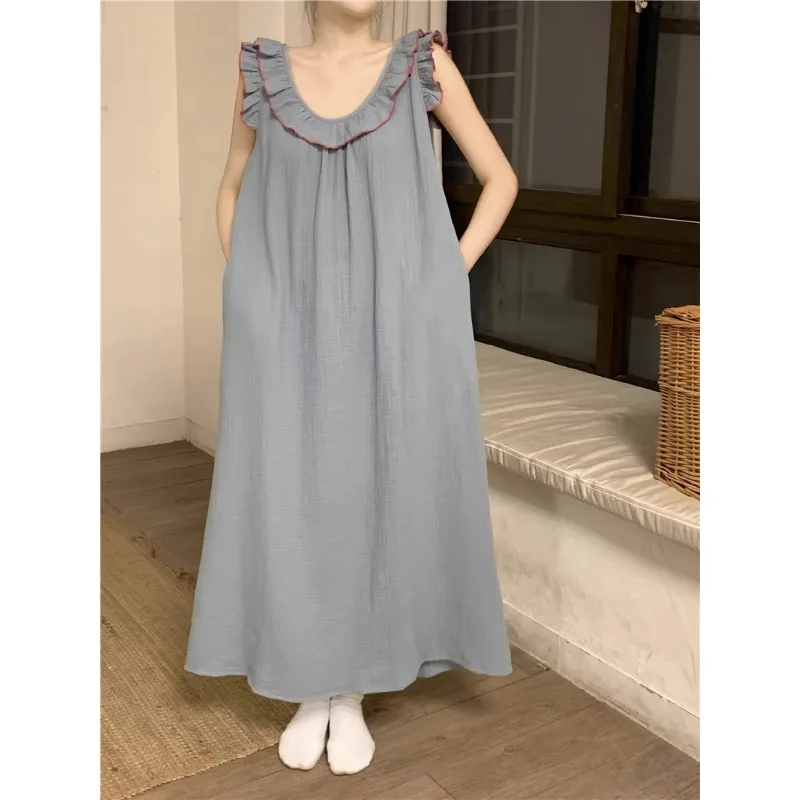 Women\'s Pajamas Dress Sexy Backless Nightgown Sleeveless Ruffles Loose Sleepwear Loungewear Ladies Solid Nightwear Homewear