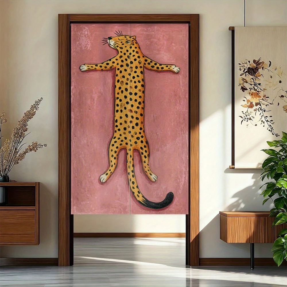 VIKAMA Cartoon Leopard Door Curtain, Retro Pink Cheetah Room Divider Half-Door Curtain, Kitchen and Bedroom Home Decor