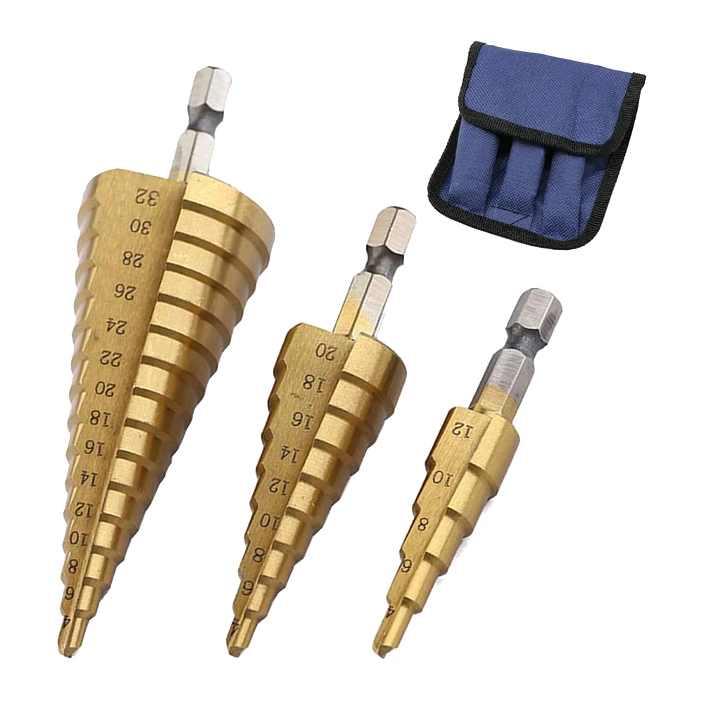HSS Step Drill Bit Set, Cone Titanium, Madeira Metal Hole Cutter, Hex Shank Drive, Ferramenta Quick Change, 3, 4-12mm, 4-20mm, 4-32mm