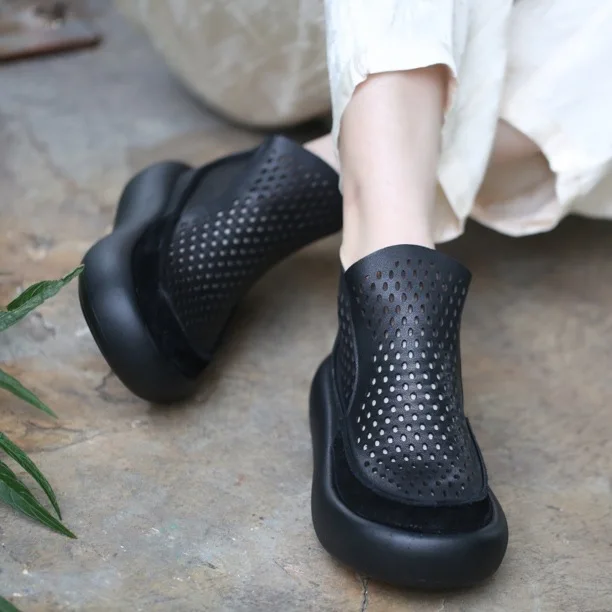 Careaymade-Genuine leather large head wide toe women's shoes,Top layer cowhide bread sole comfortable hollowed out women's boots