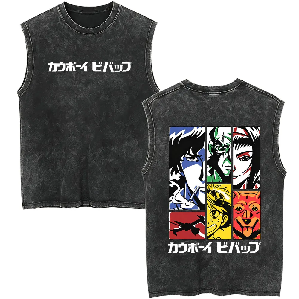 Anime Cowboy Bebop Jet Black Faye Valentine Ein Spike Spiegel Face Vintage Washed Tank Tops Men's Women's Manga Sleeveless Vest