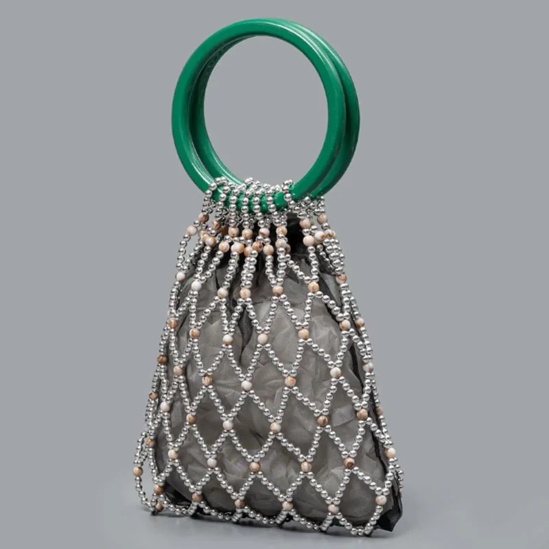 

New Color Blocking Woven Handbag Fashionable Hollow Bead Women's Bag Beach Vacation and Leisure Travel Beach Bag