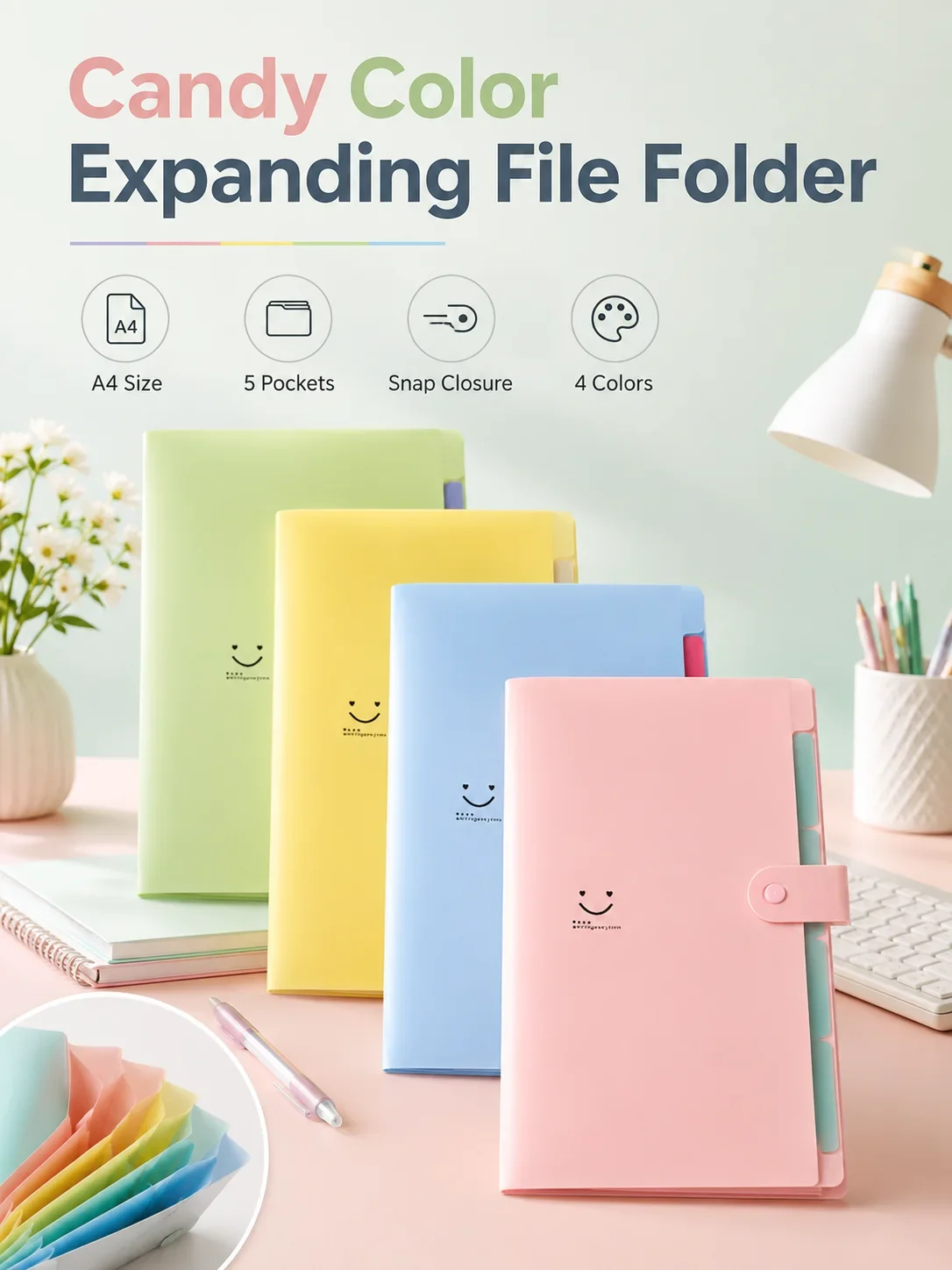 5-Grid Smile Expanding File Folder A4, Candy Color Multi-Layer PP Document Bag, Button Closure Test Paper Holder