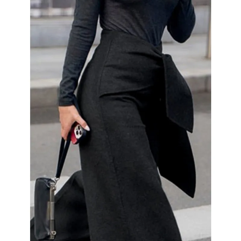 Tinaa Asymmetric Women's Pants 2025 Autumn Winter New Business Tweed Wide-leg Stretch Back Waist Pockets Trousers 178666