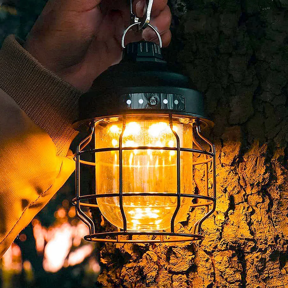 Vintage Metal Hanging Camping Lanterns 3800mAh Battery Powered Warm Light Led Camp Lantern Rechargeable Tent Light For Outdoor