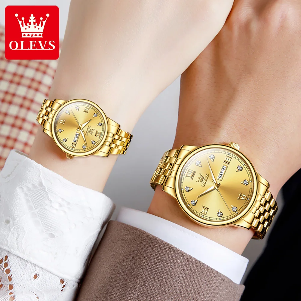 OLEVS Fashion Couple Watch for Men and Women Stainless Steel Waterproof Luxury Gold Quartz Watch Luminous Week Date Watches