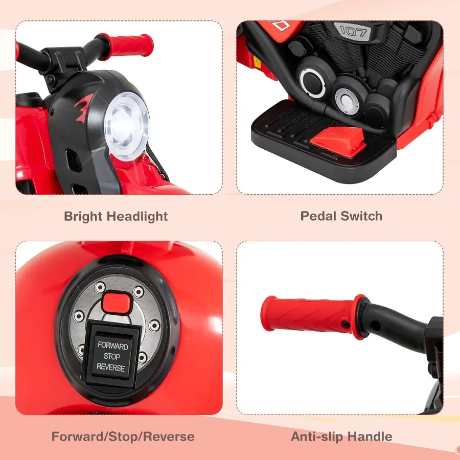 Motorcycle 6V Electric Ride On Car with Automatic Bubble Function Foot Pedal Headlight Music 3 Anti-Skip Wheels Vehicle for Tod