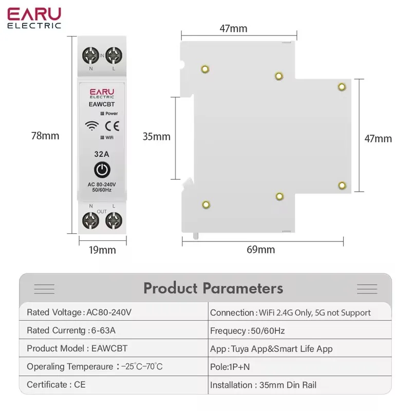 Wifi Tuya Ewelink Smart MCB 1-63A 1+N Circuit Breaker Timer Switch Relay Remote Voice Control For Alexa Google Home Assistant