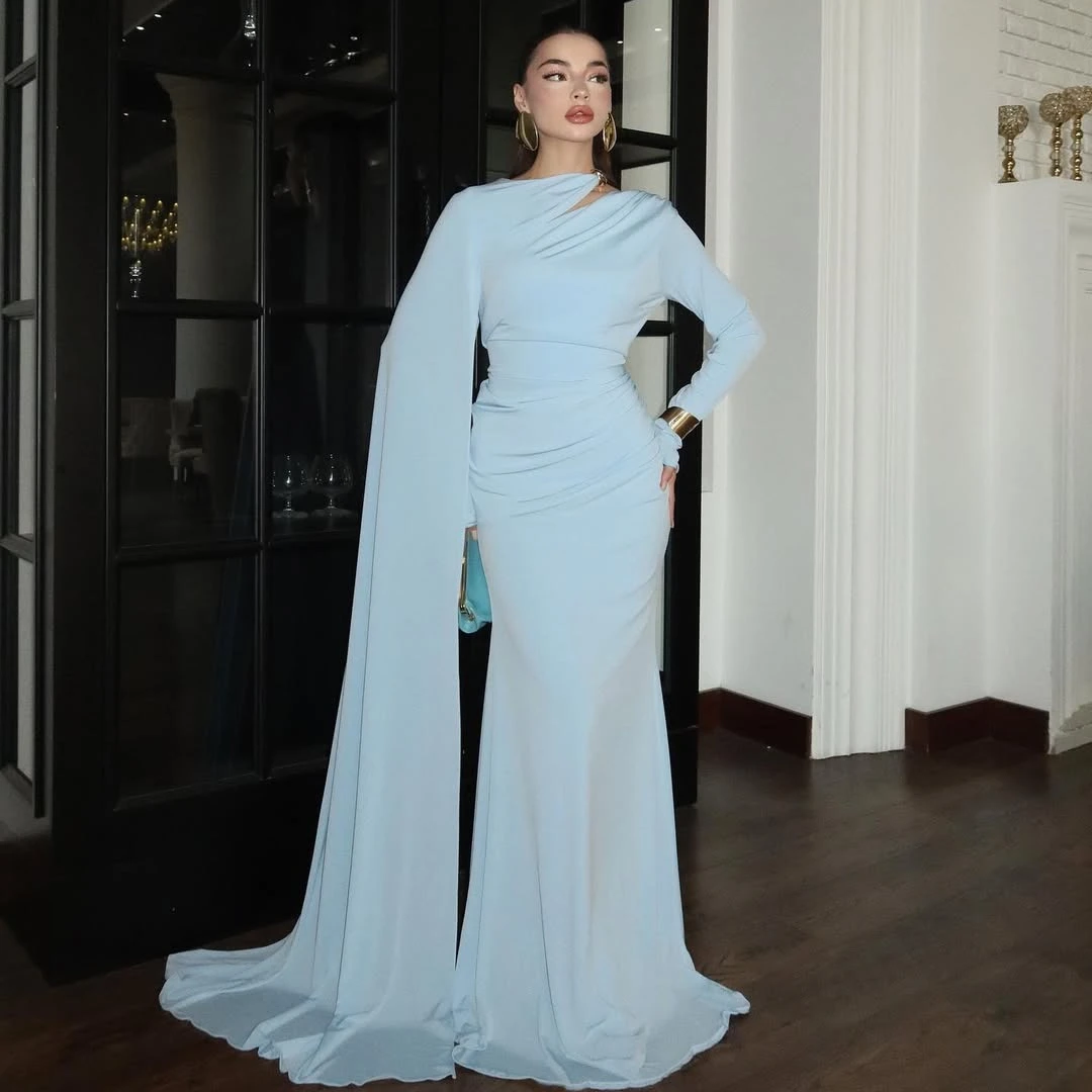 

Индивидуальные арабские вечерние платья с круглым вырезом и длинными рукавами Русалка небесно-голубого цвета Элегантное вечернее платье для выпускного вечера Современные женские вечерние платья для выпускного вечера