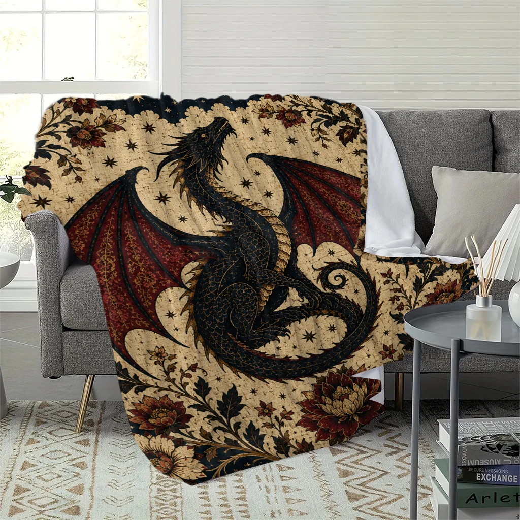 Vintage Gothic Flying Dragon Moon Star Floral Throw Blanket Mythical Creature Tapestry Wall Hanging Aesthetic Home Decor