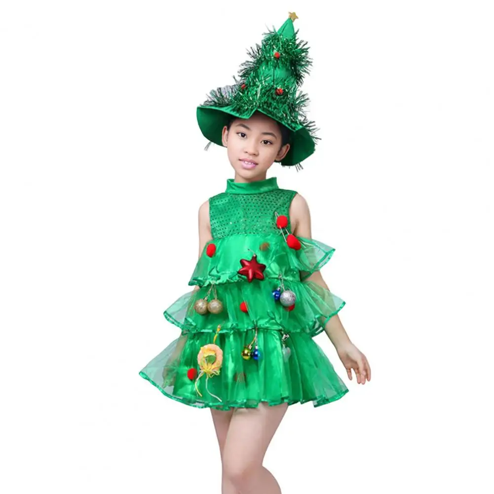Red Ball Decoration Dress Christmas-themed Children's A-line Dress with Stand Collar Scattered Cake Hem Sleeveless for Stage