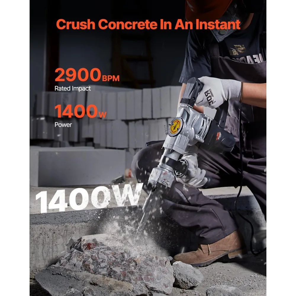 콘크리트 파괴용 헤비듀티 1400W 전기 잭해머, 치즐 2개 포함, 2900 BPM, 휴대용 케이스, 철거 작업에 이상적