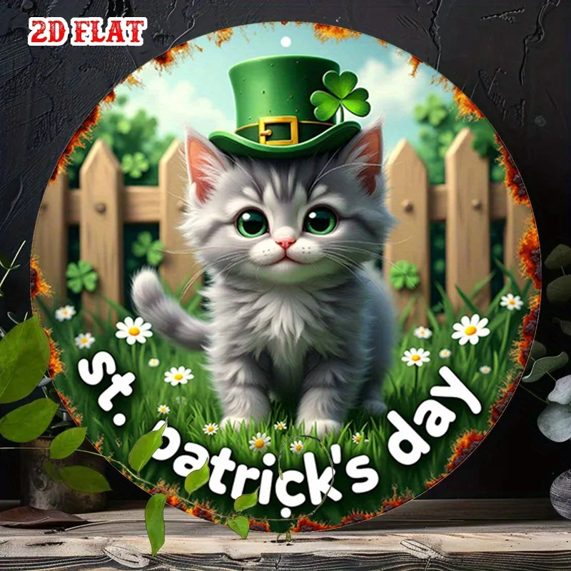 Decoración de pared de metal 2D plana, 1 unidad, para el Día de San Patricio - Lindo gatito gris con gorro irlandés, diseño de trébol de la suerte y motivos florales - Estilo rústico