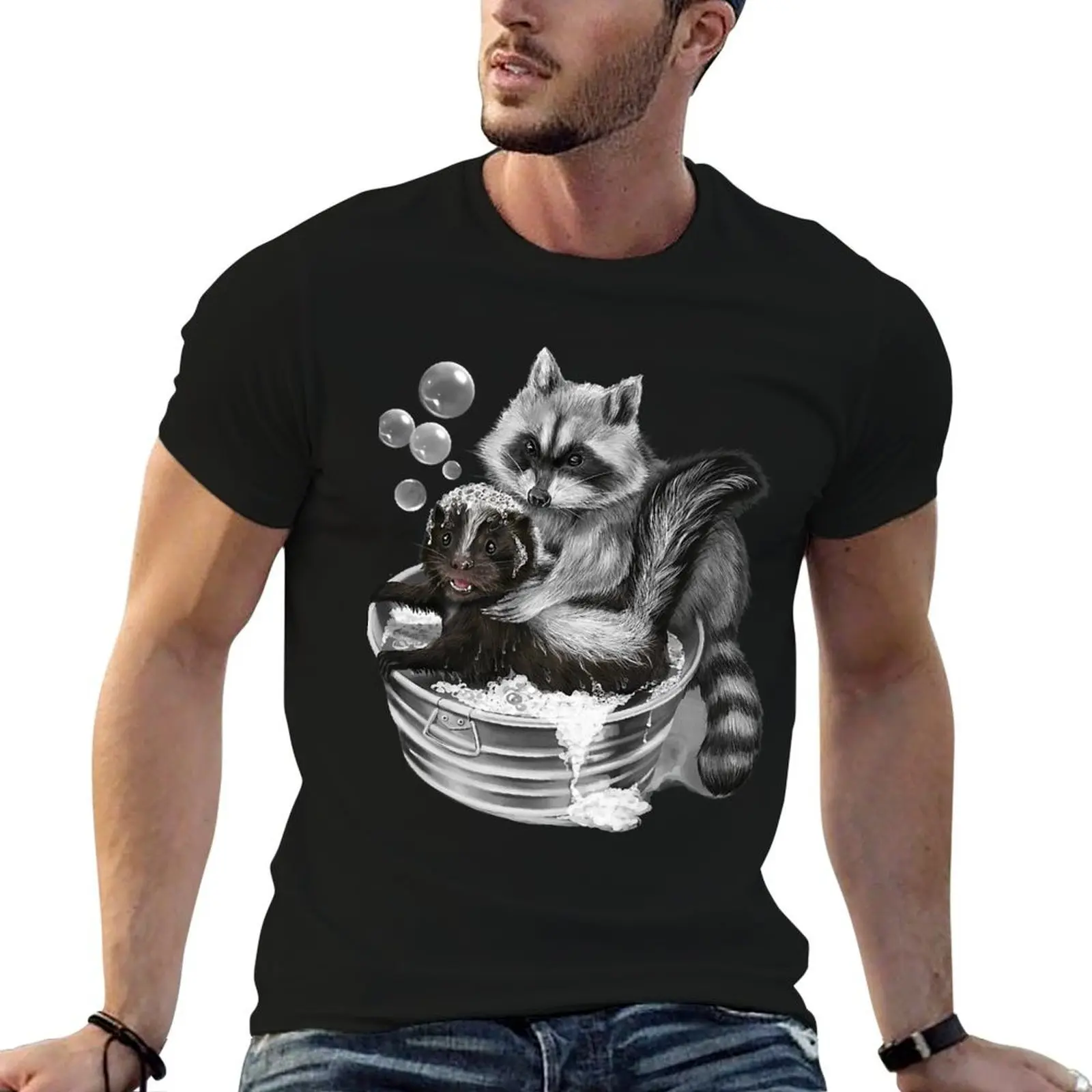 Raccoon Skunk Tub T-Shirt Classic Print Short Sleeve Shirt
