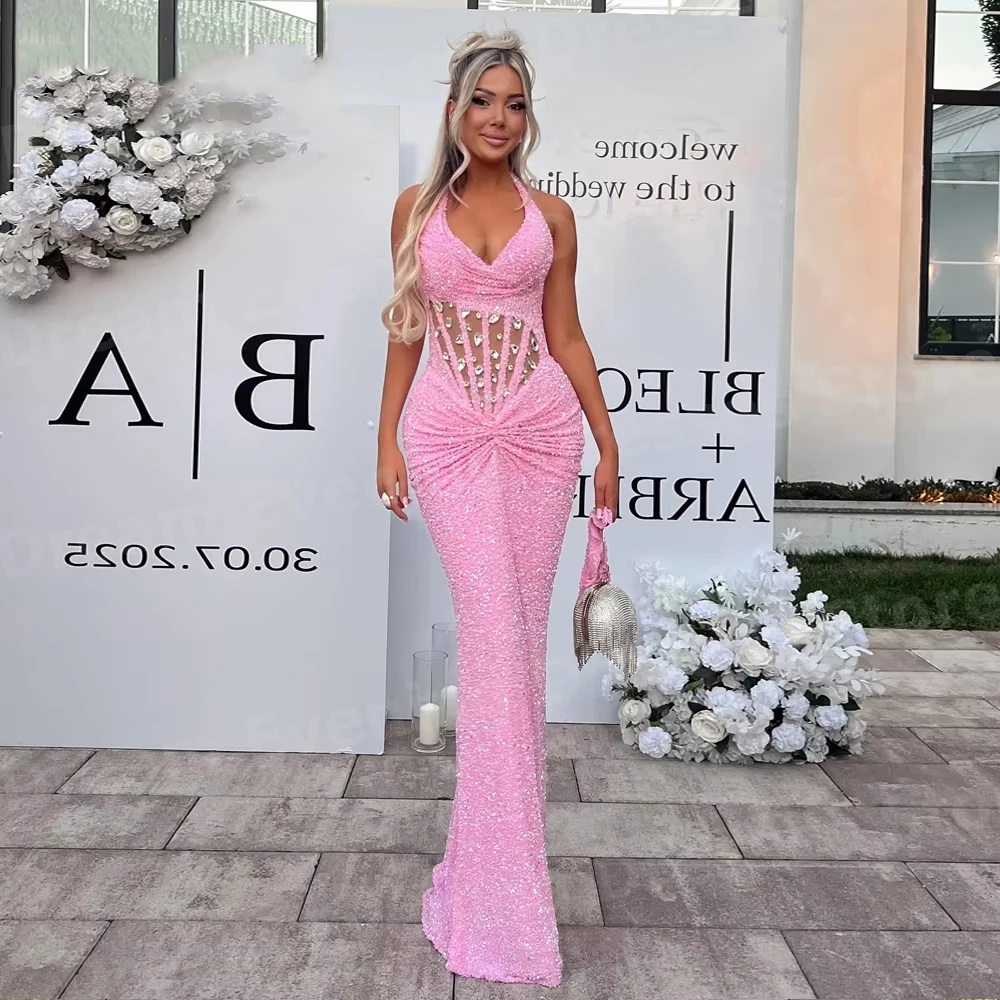 Luxueux sirène femmes licou cou perlé robes De Soirée personnalisé robes Para Mujer robes De bal paillettes Robe De Soirée