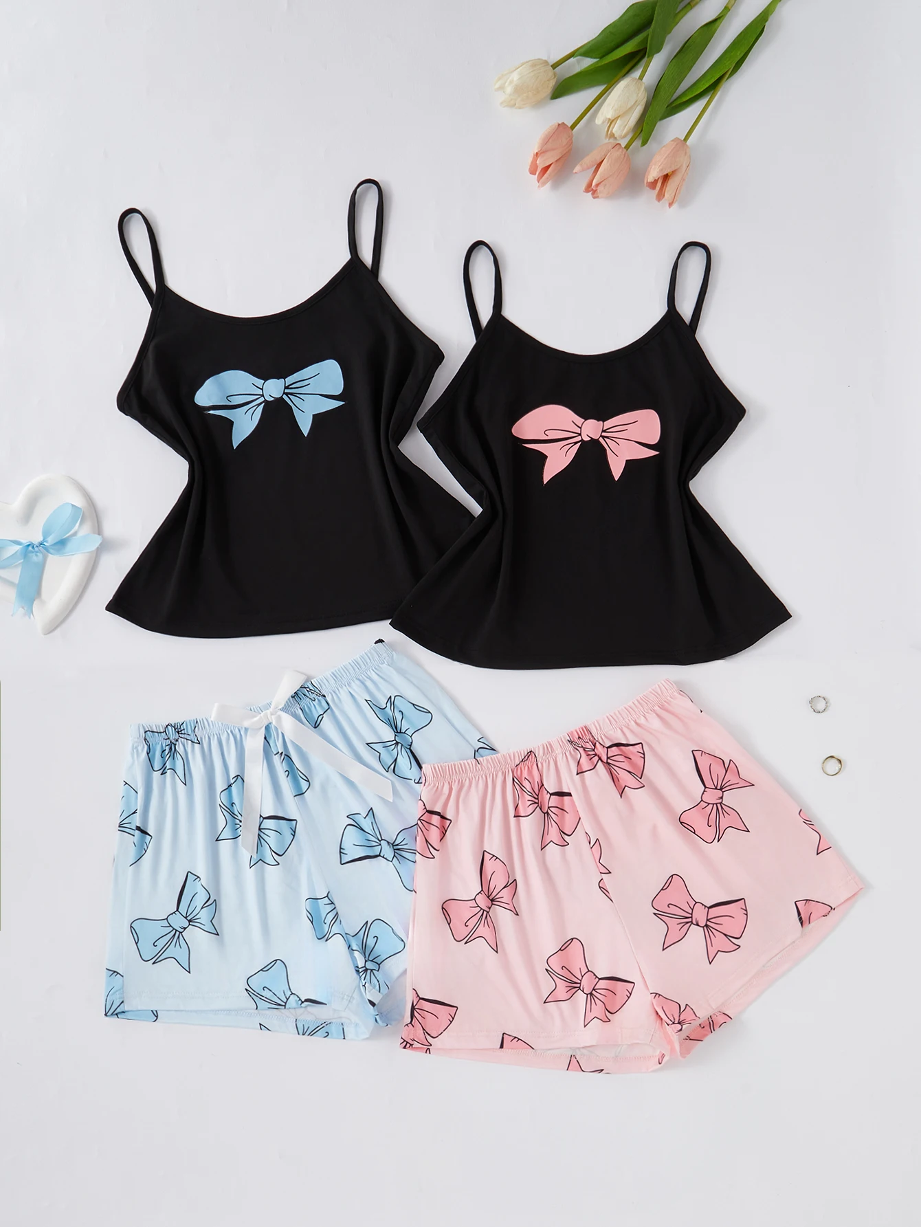 A new style of soft and breathable two-piece set for women, featuring a halter top, shorts, bow print, cute pajama set, and casu