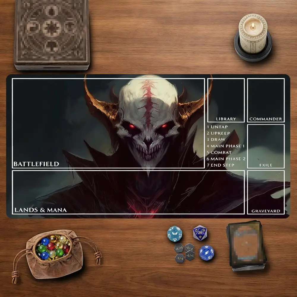 Skull Horned Demon TCG Playmat 35X60CM Dark Red Eye Lich Magic Card Battle Mat Non-Slip Durable Stitched Edge TCG Playmat