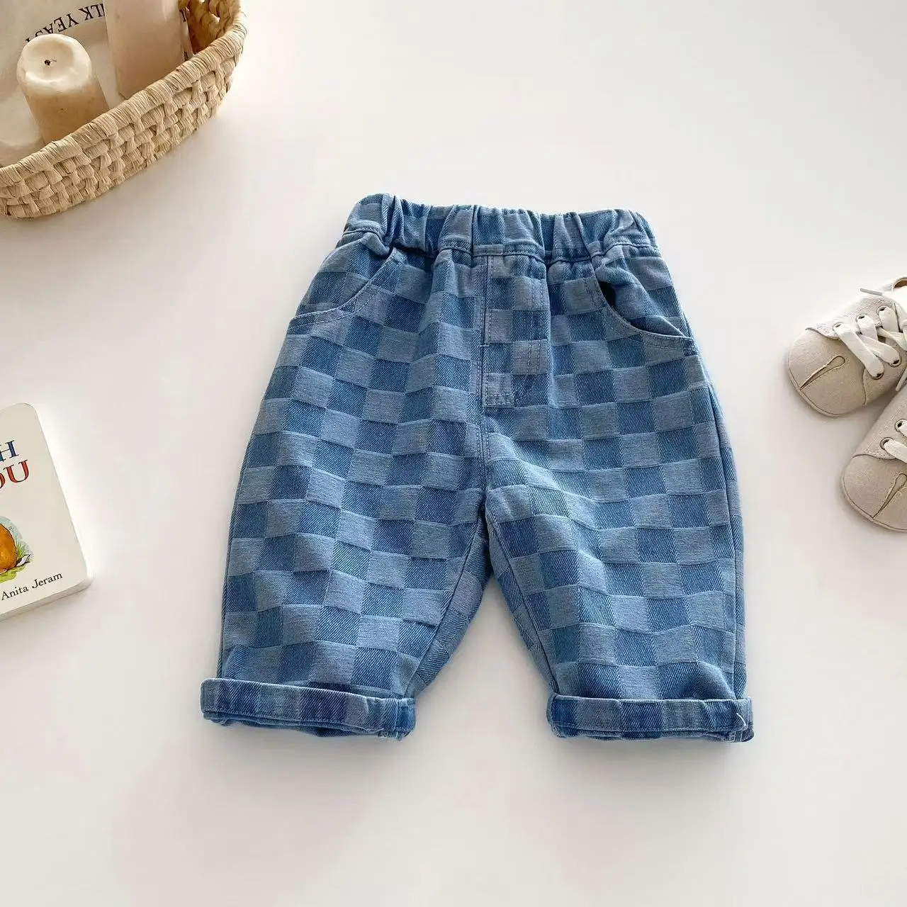 

2025 New 1-5Y Children Jeans Boys Denim Pants Mid Waist Girls Trousers Fashion Kids Plaid Pants