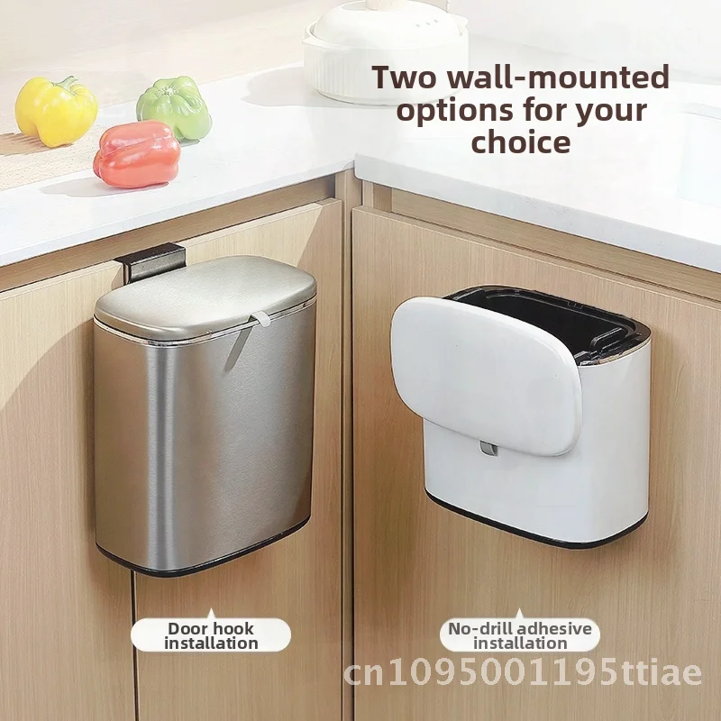 

Stainless Steel Wall-Mounted Kitchen Trash Can Punch-Free Compost Bucket Home Bathroom Oval Shape Touchscreen Opening 8L