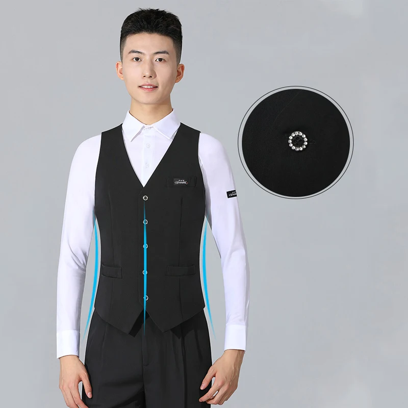 National Standard Latin Dance Tops Men Black Latin Dancing Top Waltz Ballroom Dance Vest Stage Competition Practice Wear SL8468