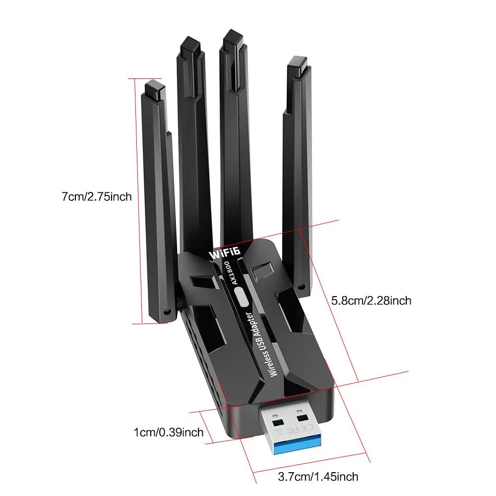 WiFi 6 USB Adapter 1800Mbps Dual Band 5GHz 2.4GHz Wireless Network Card with 4 High Gain Antennas USB3.0 WiFi Dongle Long Range Signal Receiver for PC Desktop Laptop Gaming Windows 11 10