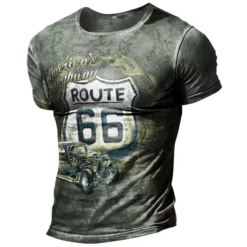 Classic Minimalist Retro Men's Fashionable Short Sleeved ROUTE 66 Motorcycle 3D Printed Casual Oversized Summer Men's T-shirt