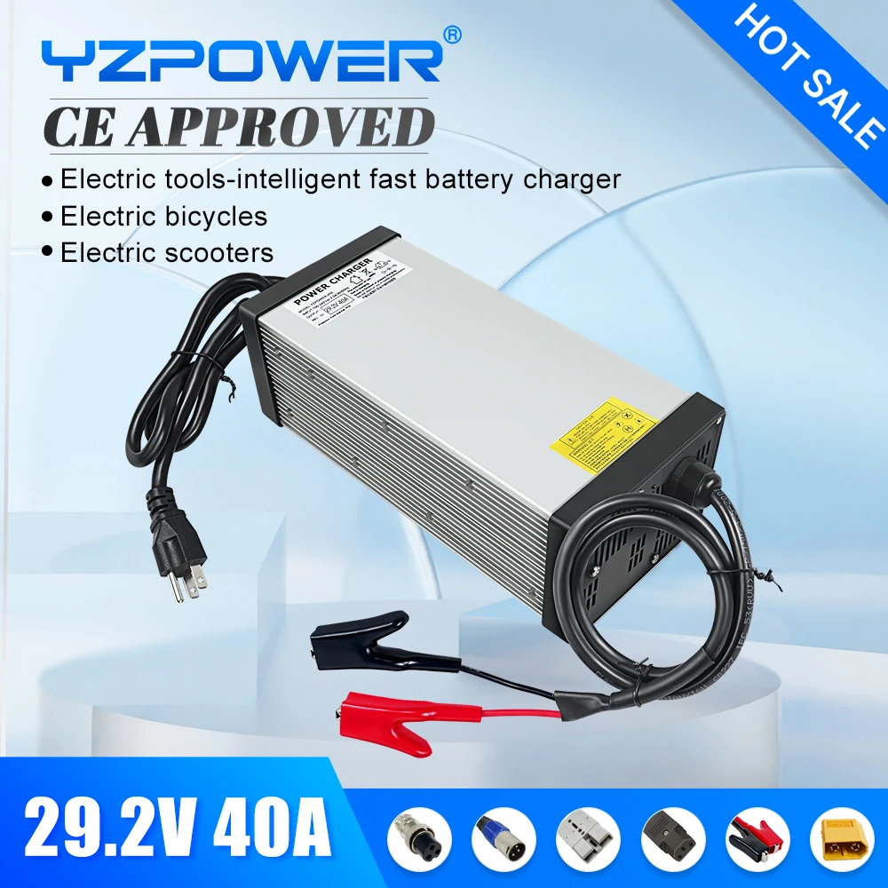 

YZPOWER 29.2V 40A Lifepo4 lithium battery charger 8S 24V charger intelligent fast charging input 110-240Vac with cooling fan