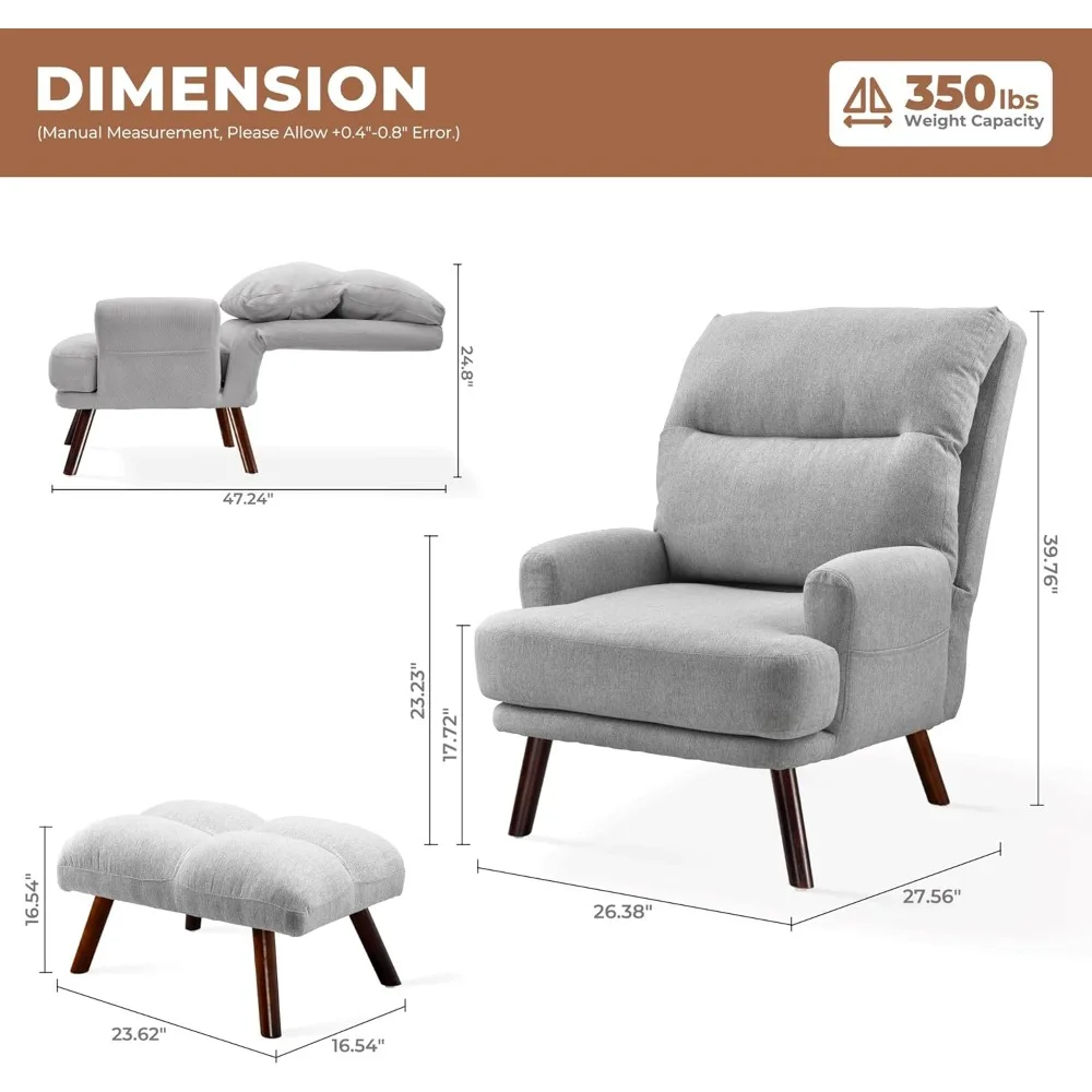 Reclining Chair with Ottoman, Accent Reading Chair with Footrest and Side Pocket, Modern Lounge Recliner