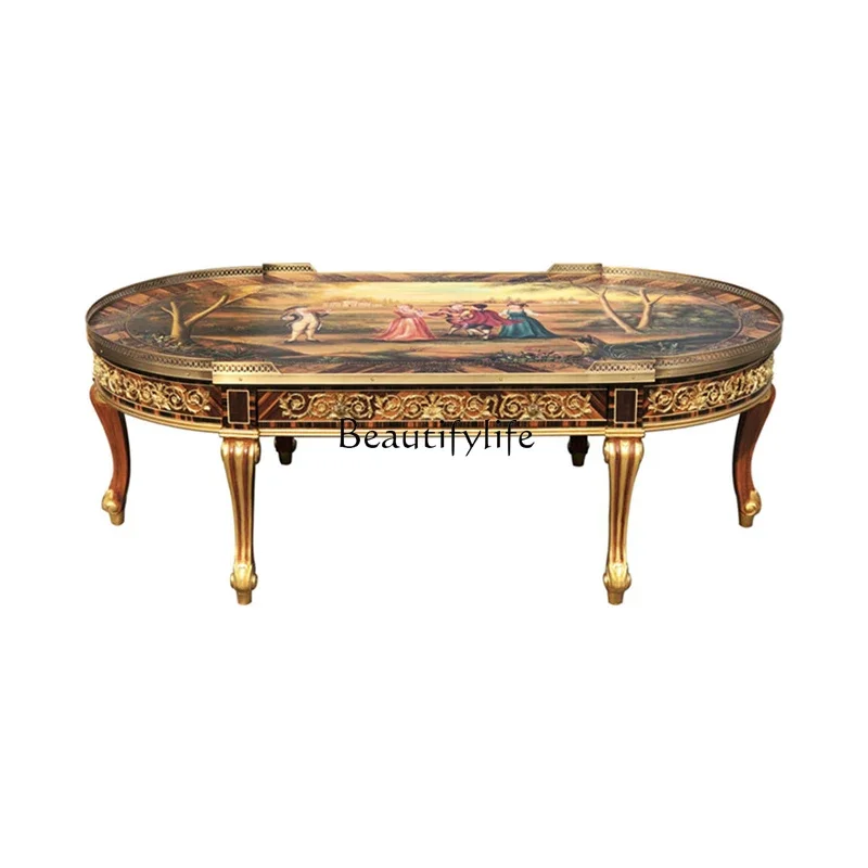 

FG10**French court solid wood carving coffee table European luxury gold foil painting living room oval tea table villa furniture