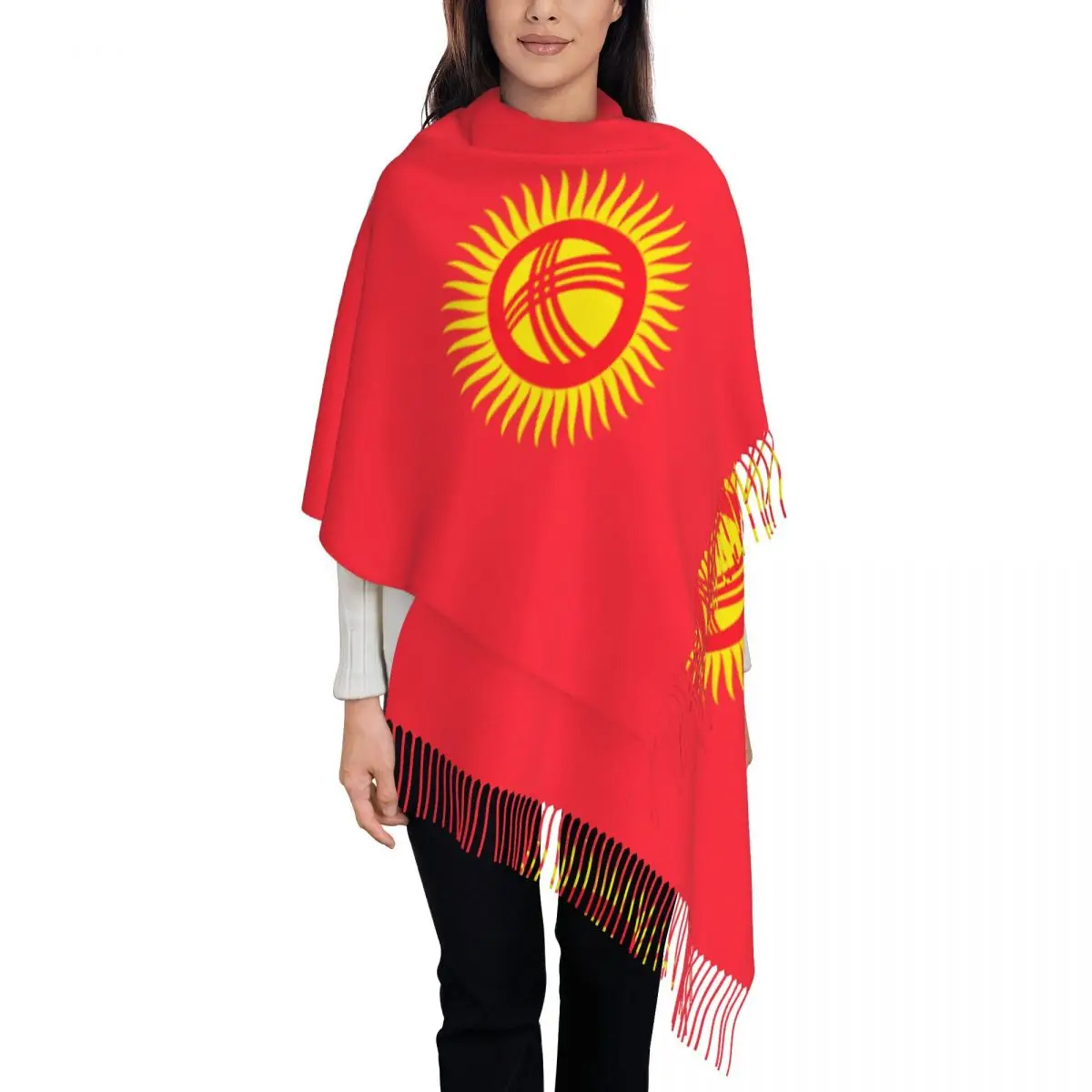 New Women Kyrgyzstan Flag Scarf Winter Shawls Thin Wrap Lady Tassel Warm Scarf Hairy Bufanda