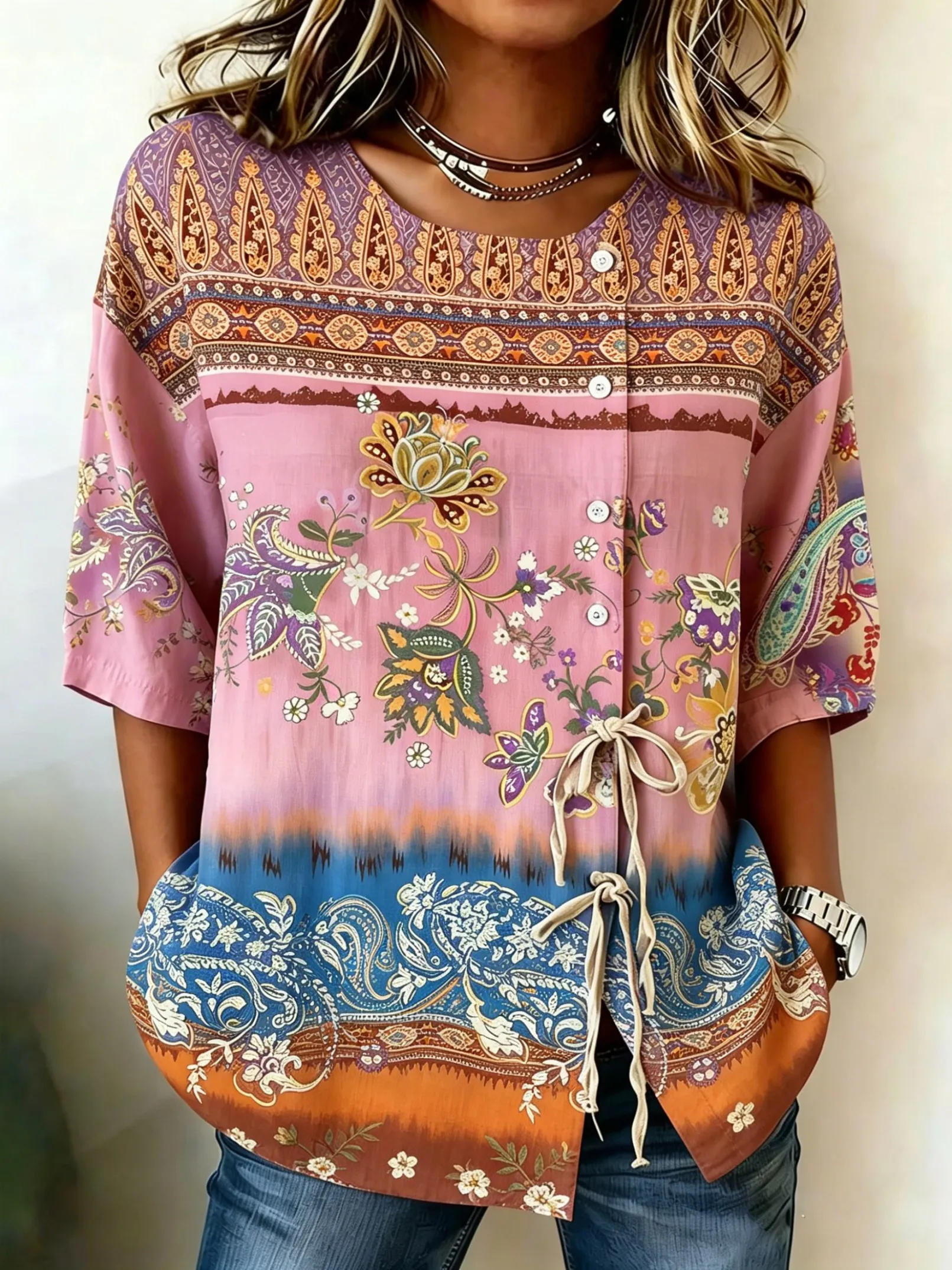 

Women's Spring Summer Drawstring Blouse, Boho Paisley Tie-Dye Print Casual Tops for Daily Street Holiday Dating & Leisure Outfit