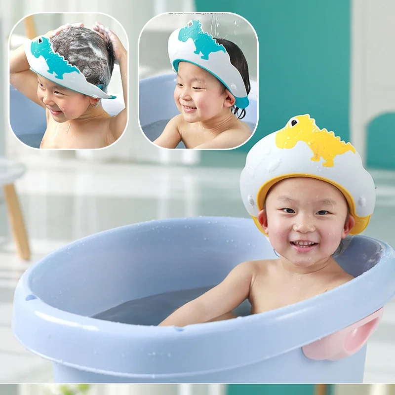 Einstellbare Baby Schwimmen Cap Nette Dinosaurier Bad Dusche Shampoo Kappe Auge Schutz Kappe Baby Pflege Crown Haar Waschen Hut für kinder