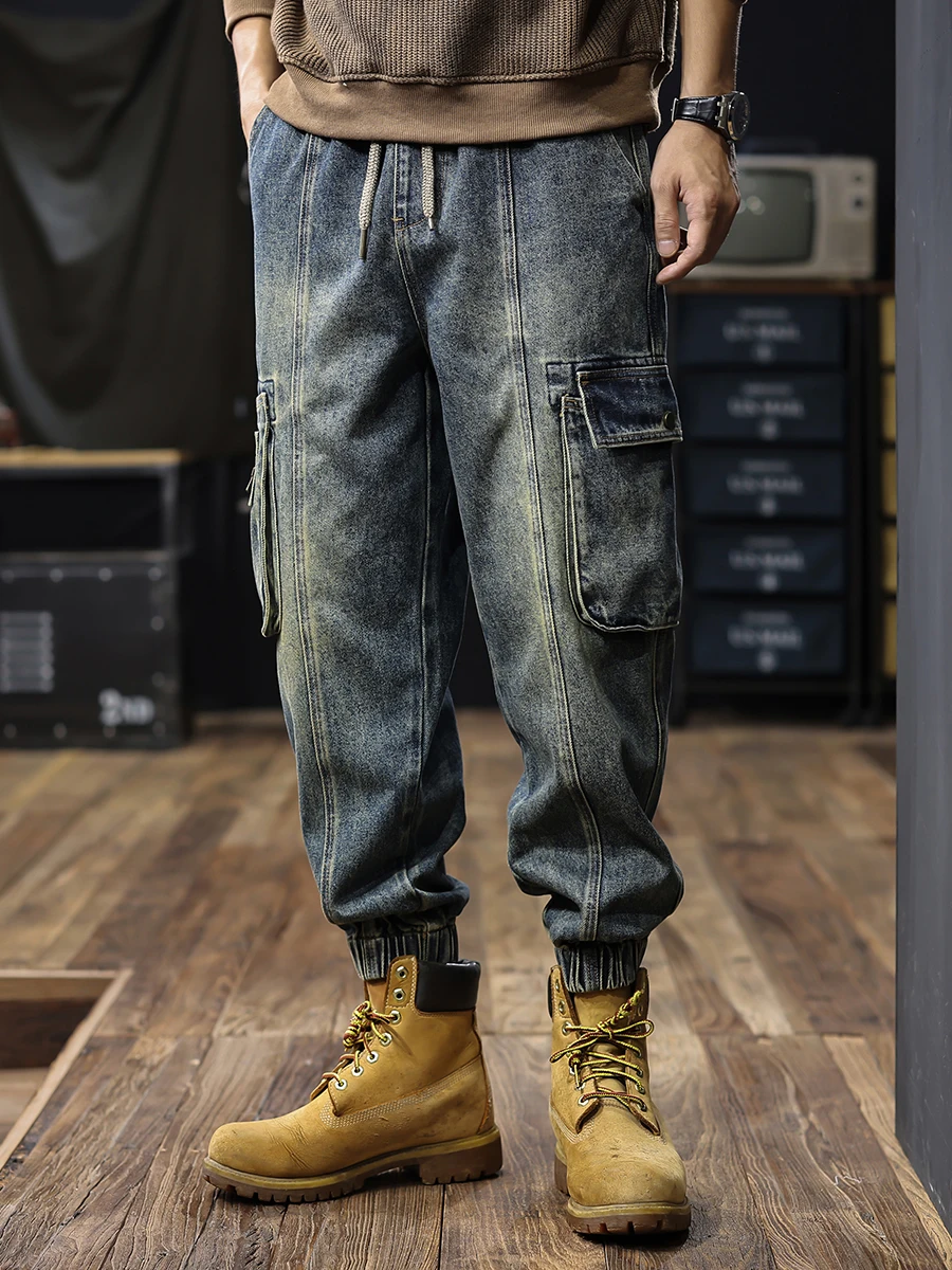 

Retro American Waed Thiened Denim Pants Men's Autumn Winter Sle Cuffed Large Size Workwear Trousers Trendy Wide Leg Jeans