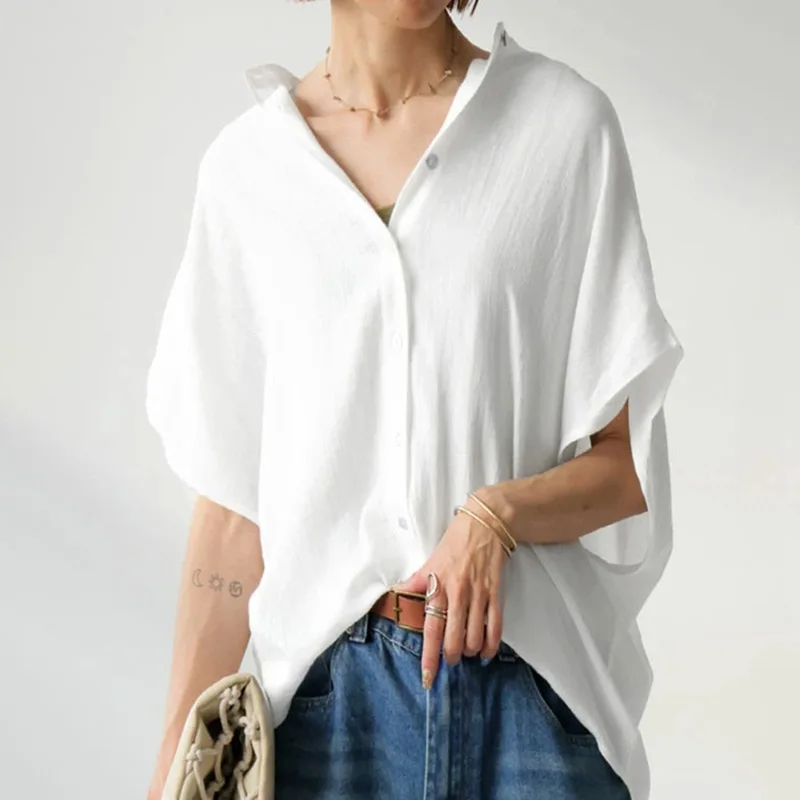 여성을 위한 새로운 니치 디자인 셔츠 여름 단색 루즈핏 편안한 캐주얼 배트윙 슬리브 탑 트렌디