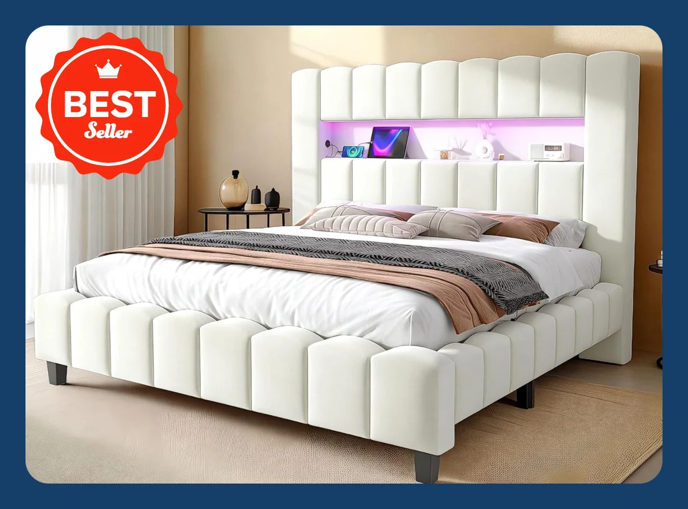 

BestsellerQueen Bed Frame with 51.2" Tall Headboard, LED Lights & Charging Station, Velvet Upholstered Platform, No Box Spring R