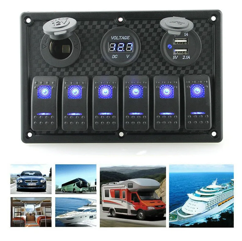 

Rhaxel ABS 6 Gang Switch Panel Cigarette Socket Dual USB Charger LED Voltmeter for Truck Boat Car