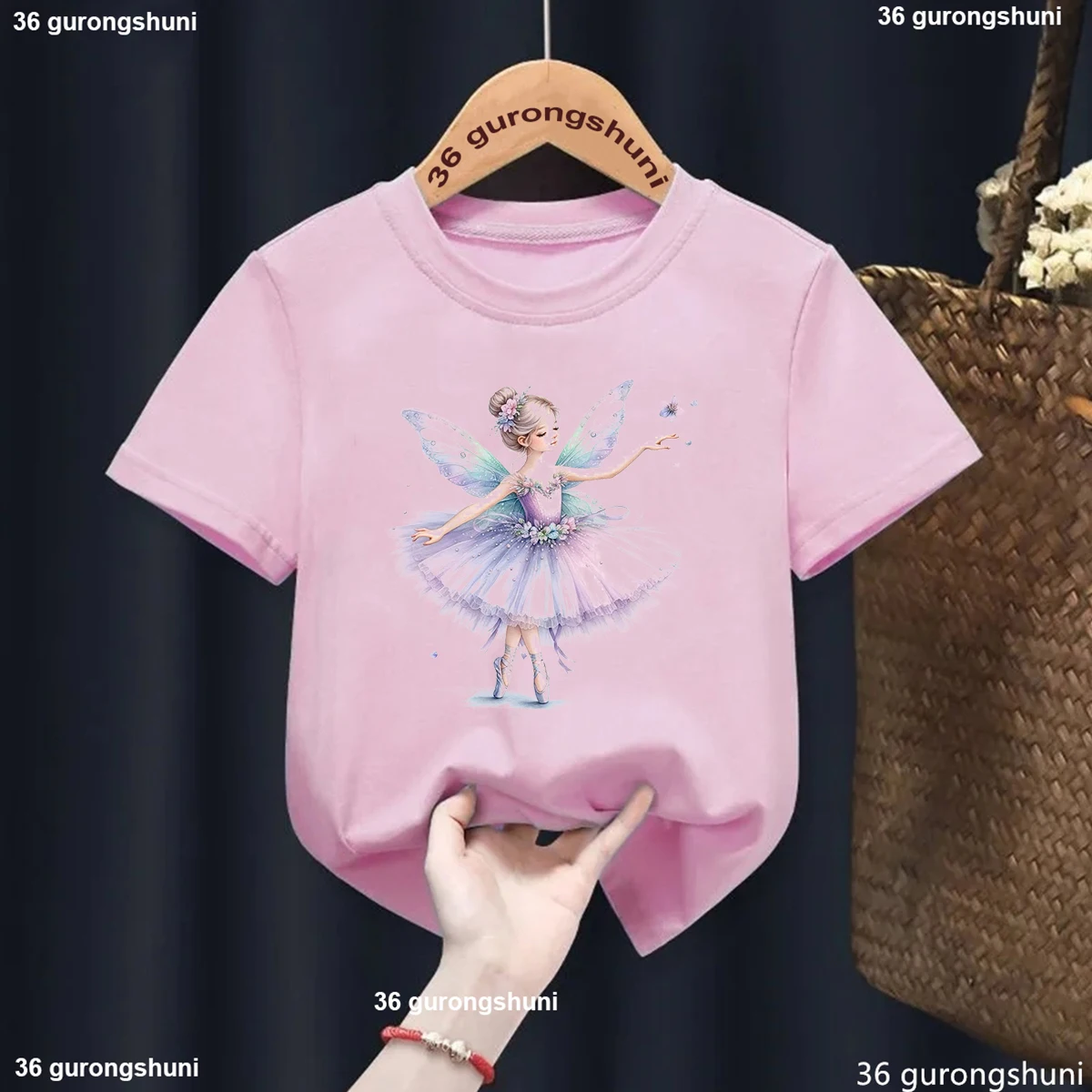 2025 Newly Arrive Butterfly Ballet Dance Printing Cute Girls T Shirt Summer Fashion O-Neck Kids Short Sleeve Pink Tops Wholesale