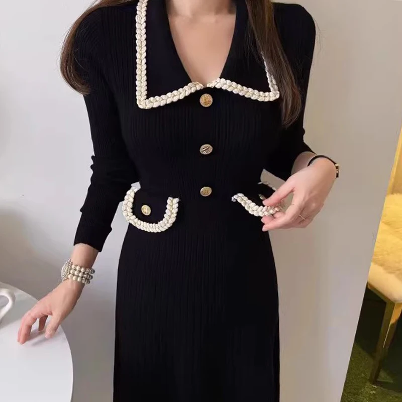 

Bordered Turn-down Collar Botton Knitted Dress A Line Black Midi Fall Vintage Elegant Office Korean Winter Maxi Sweater Elbise