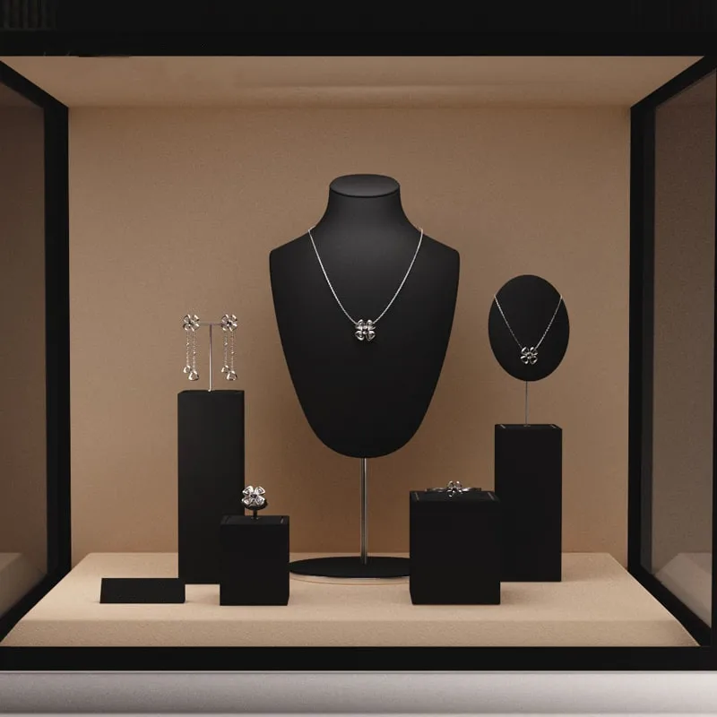 Ciyye Black Microfiber Jewelry Display Set with Metal Jewelry Exhibit Shop Cabinet for Necklace Display Bust Earrings Bangle