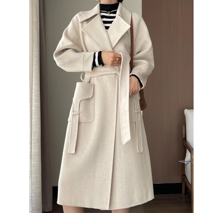 Promotion 2023 Autumn 100% Wool Coats Women Turn Down Collar Long Coats With Belt Women Woolen Coat Veste Femme Tops